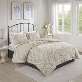 3 piece Tufted Cotton Chenille Damask Comforter Set (Color: as Pic)